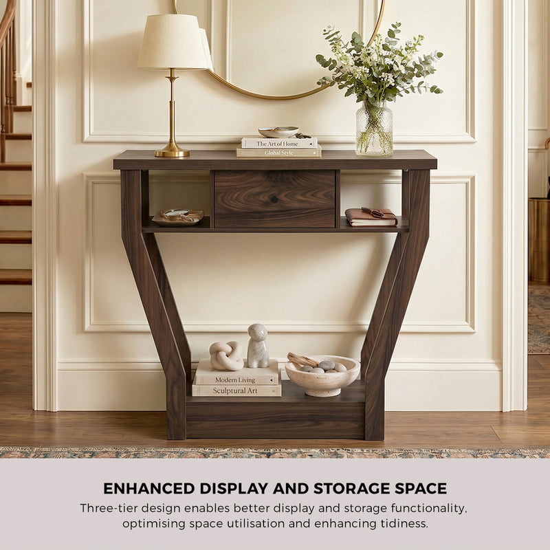 Oikiture Console Table 1 Drawer Hallway Storage Shelf Side Desk Walnut