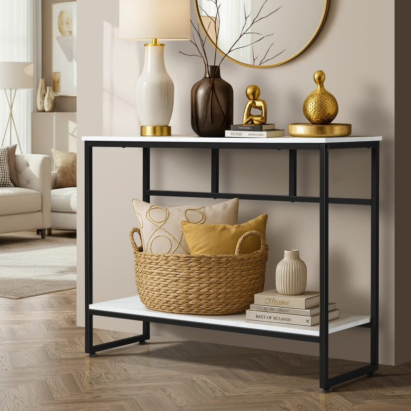 Oikiture Console Table Hallway Marble Effect Metal Table Display WH&BK