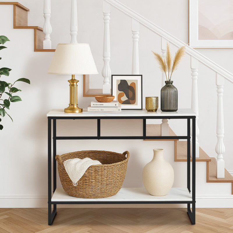 Oikiture Console Table Hallway Marble Effect Metal Table Display WH&BK