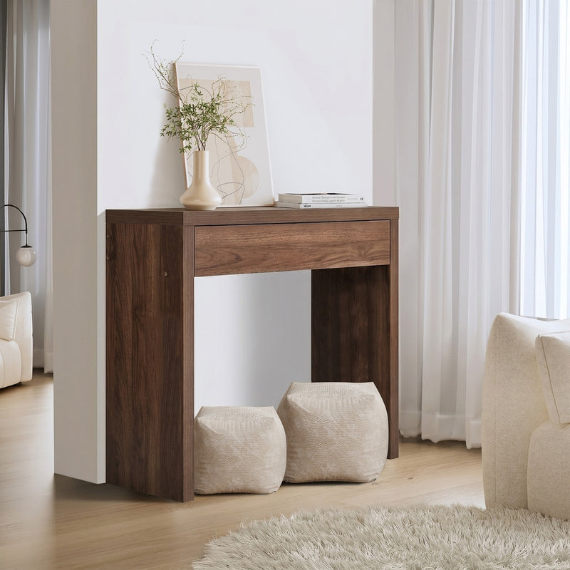 Oikiture Console Table Wood Sofa Table with Drawer Walnut