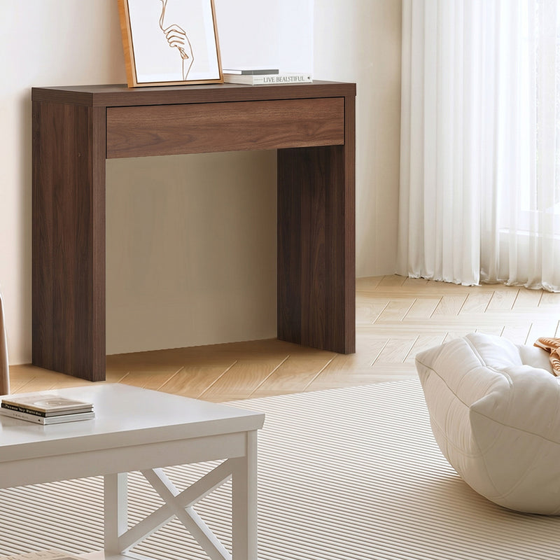 Oikiture Console Table Wood Sofa Table with Drawer Walnut