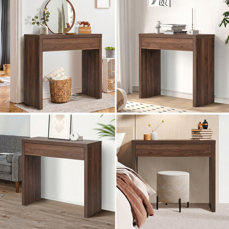 Oikiture Console Table Wood Sofa Table with Drawer Walnut