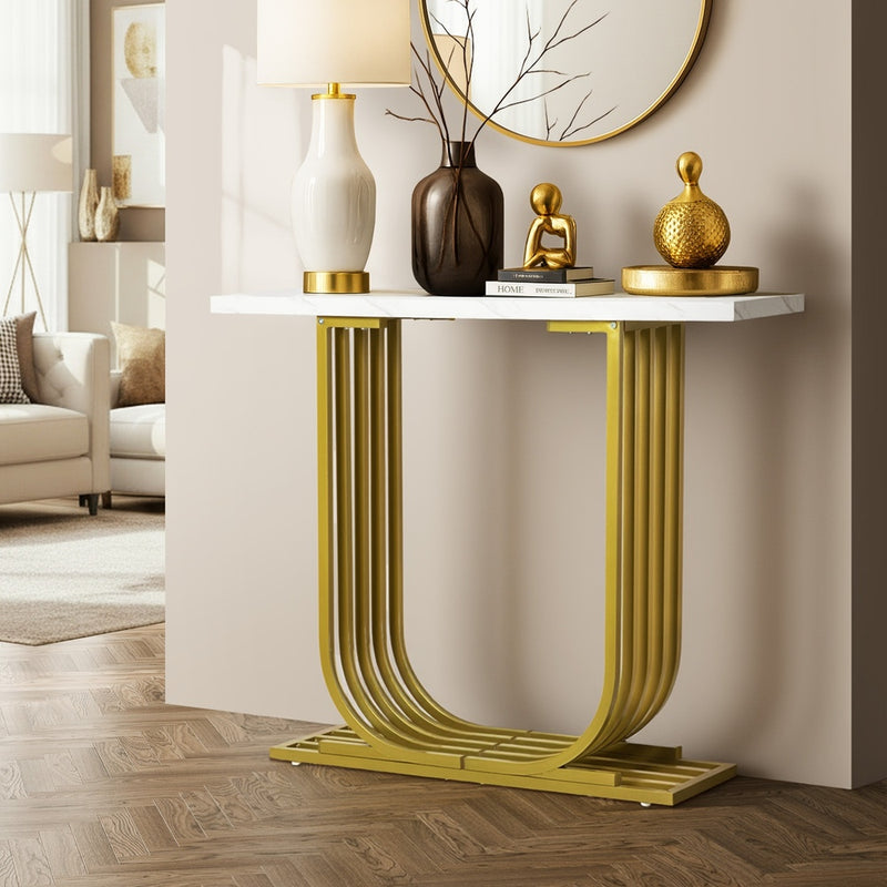Oikiture Console Table Hallway Desk Marble Effect Tabletop White&Gold