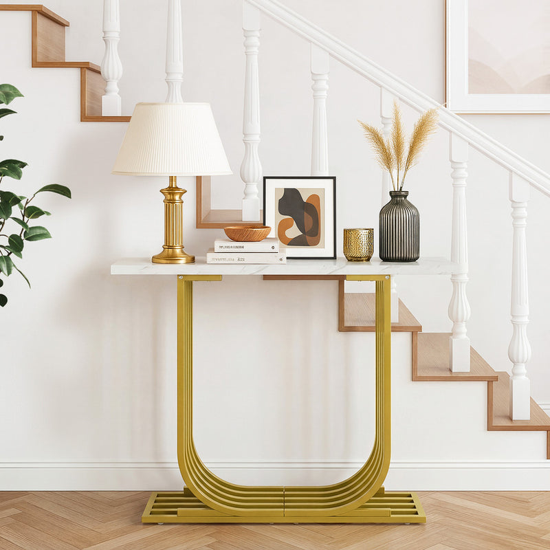 Oikiture Console Table Hallway Desk Marble Effect Tabletop White&Gold