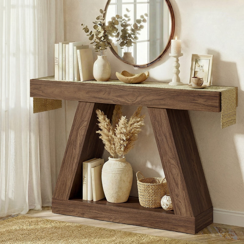 Oikiture Console Table Hallway Display Shelf Walnut