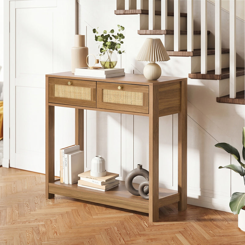 Oikiture Console Table 2 Drawer Hallway Display Shelf Oak