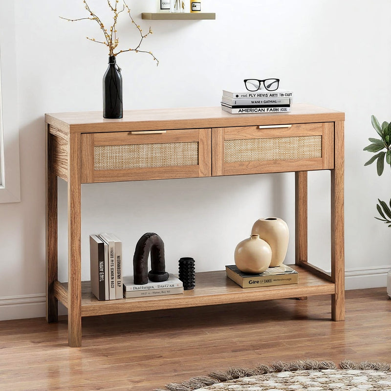 Oikiture Console Table 2 Drawers Entry Table Display Shelf Natural