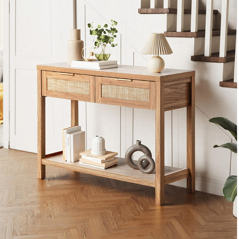 Oikiture Console Table 2 Drawers Entry Table Display Shelf Natural