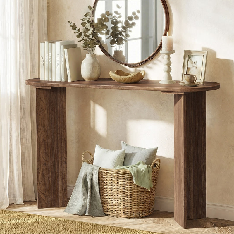 Oikiture Console Table Oval Entryway Hallway Furniture Walnut
