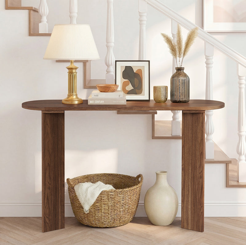 Oikiture Console Table Oval Entryway Hallway Furniture Walnut