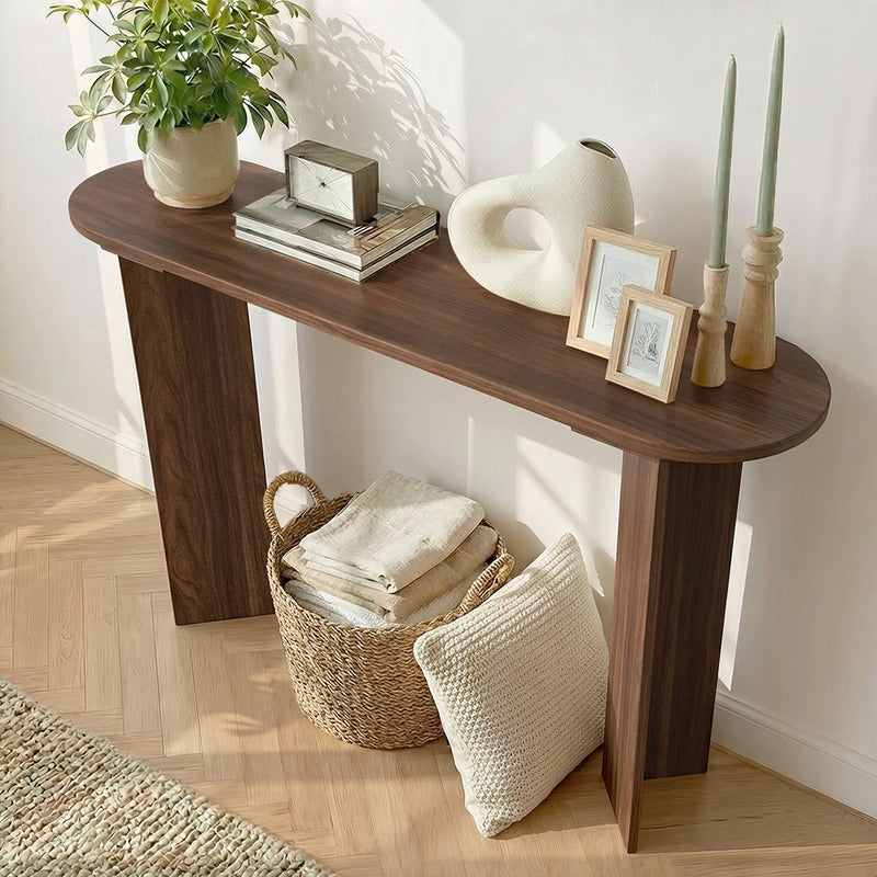 Oikiture Console Table Oval Entryway Hallway Furniture Walnut