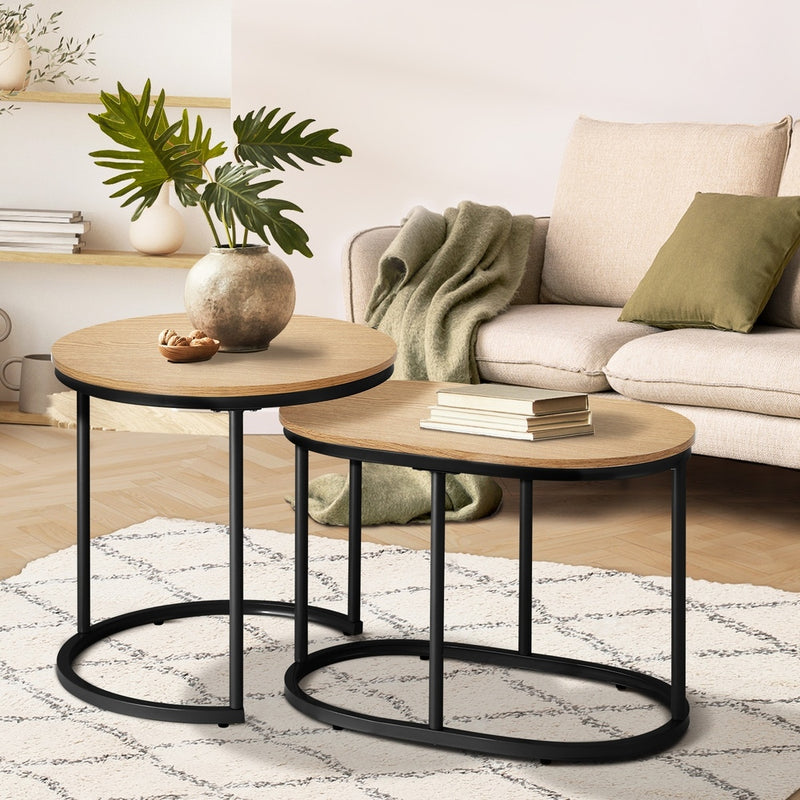 Oikiture Set of 2 Coffee Table Nesting Round Oval Side Tables Natural