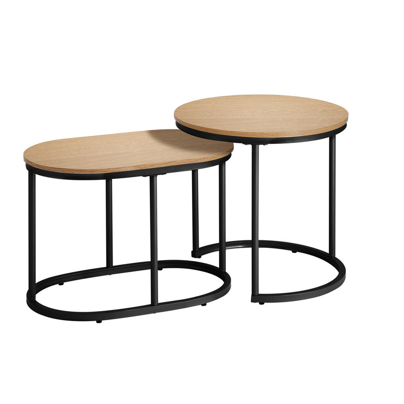 Oikiture Set of 2 Coffee Table Nesting Round Oval Side Tables Natural