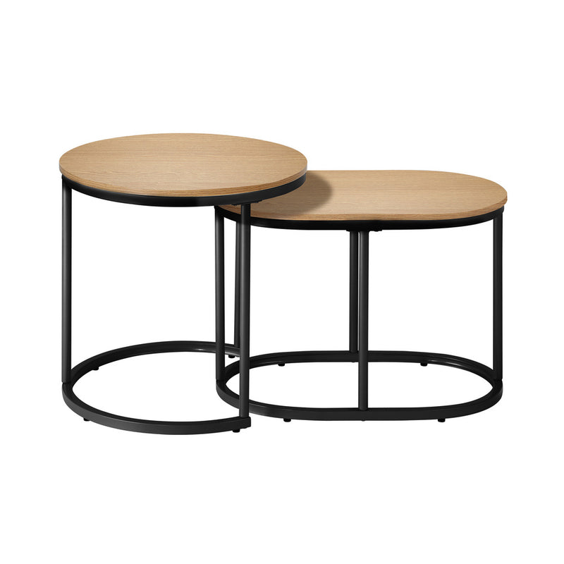 Oikiture Set of 2 Coffee Table Nesting Round Oval Side Tables Natural