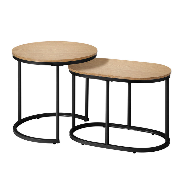 Oikiture Set of 2 Coffee Table Nesting Round Oval Side Tables Natural