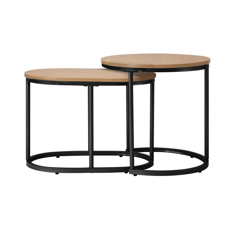 Oikiture Set of 2 Coffee Table Nesting Round Oval Side Tables Natural