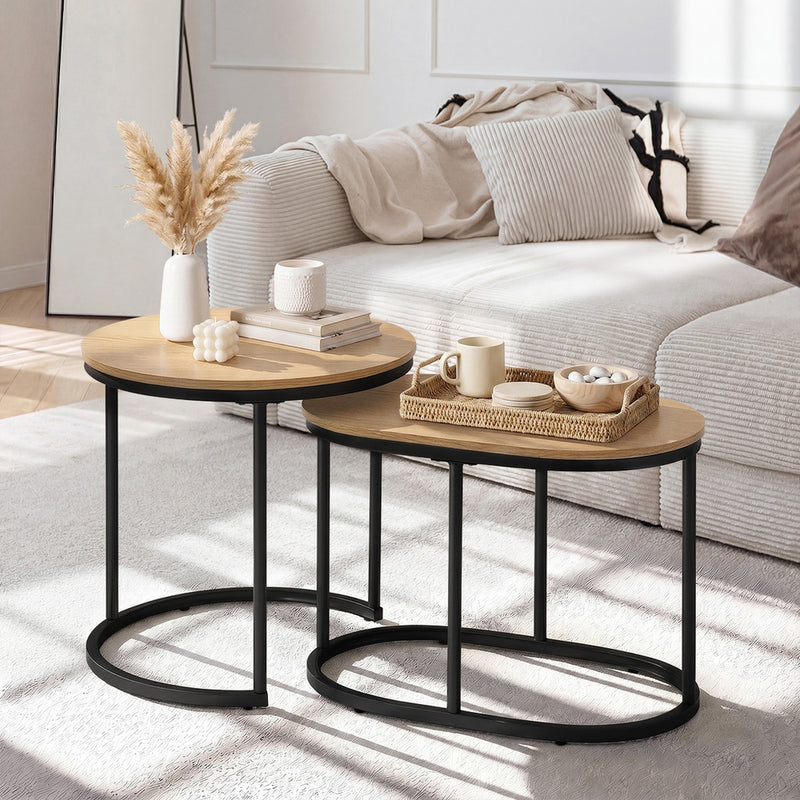 Oikiture Set of 2 Coffee Table Nesting Round Oval Side Tables Natural