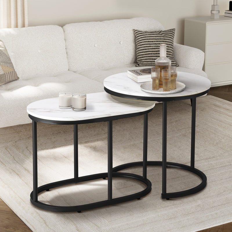 Oikiture Set of 2 Coffee Table Round Oval Marble Nesting Black