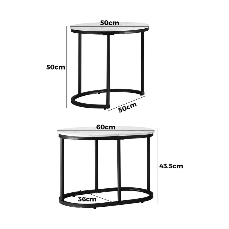 Oikiture Set of 2 Coffee Table Round Oval Marble Nesting Black