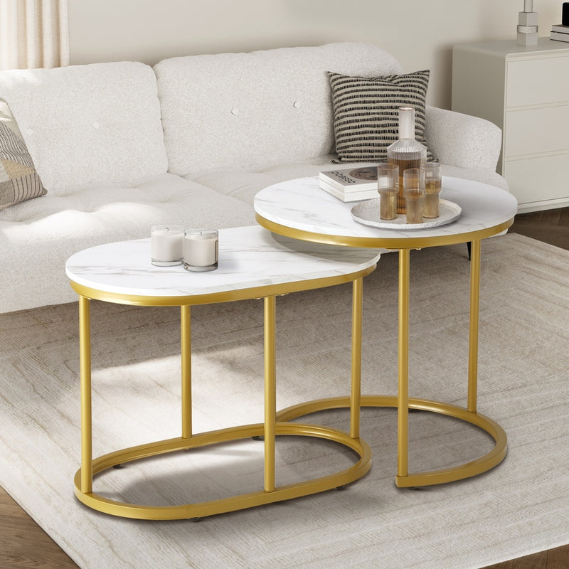 Oikiture Set of 2 Coffee Table Round Oval Marble Nesting Gold