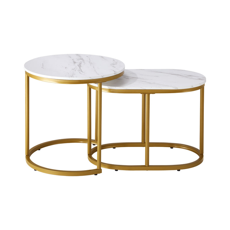 Oikiture Set of 2 Coffee Table Round Oval Marble Nesting Gold