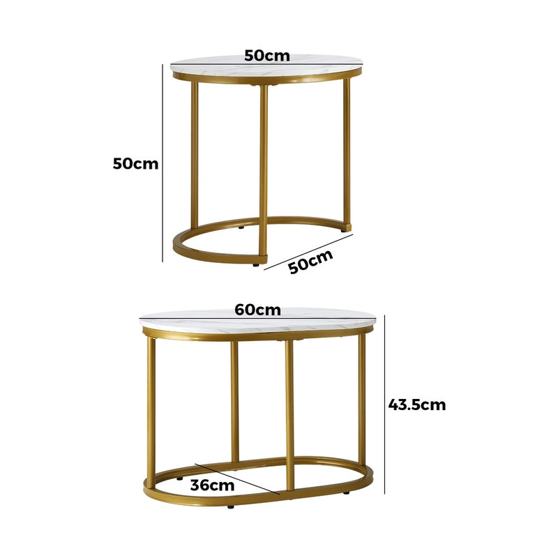 Oikiture Set of 2 Coffee Table Round Oval Marble Nesting Gold