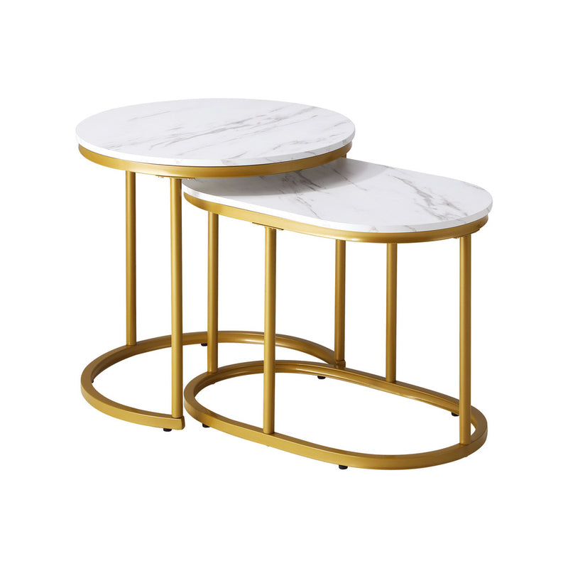 Oikiture Set of 2 Coffee Table Round Oval Marble Nesting Gold