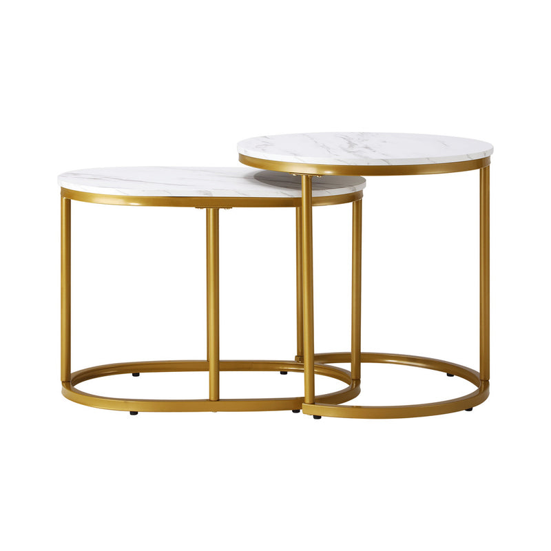 Oikiture Set of 2 Coffee Table Round Oval Marble Nesting Gold