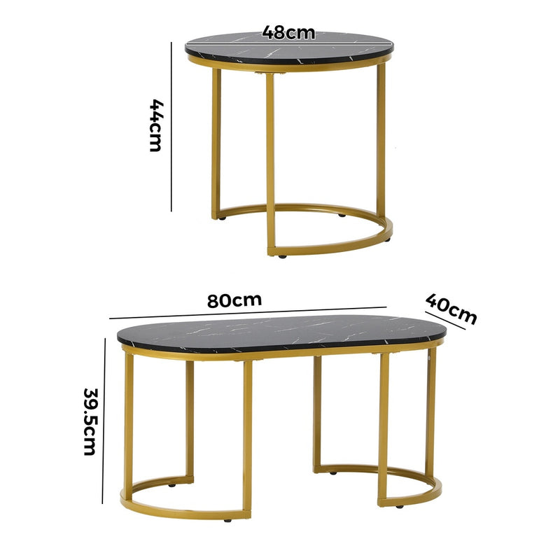 Oikiture Nesting Coffee Table Set of 2 Marble Effect Gold Black