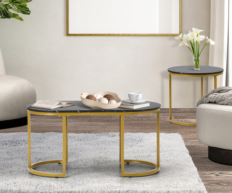 Oikiture Nesting Coffee Table Set of 2 Marble Effect Gold Black