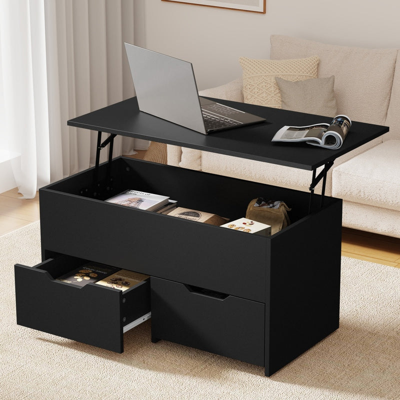 Oikiture Coffee Lift Up Top Hidden Storage Laptop Desk 2 Drawers Black