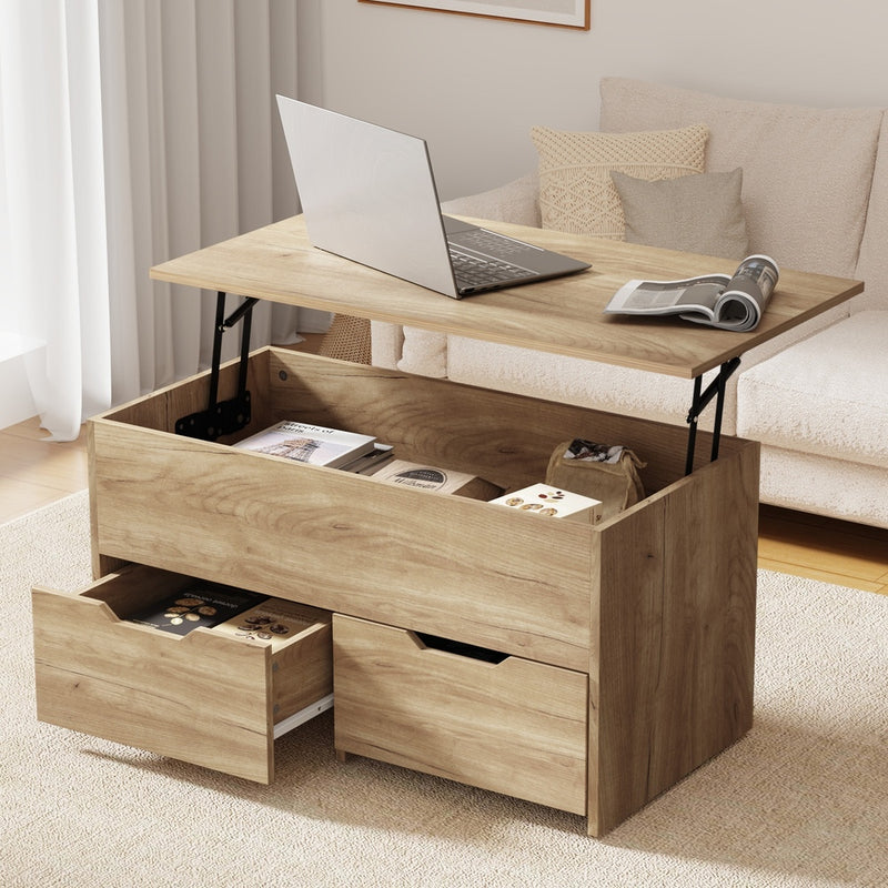 Oikiture Coffee Lift Up Hidden Storage Laptop Desk 2 Drawers Natural