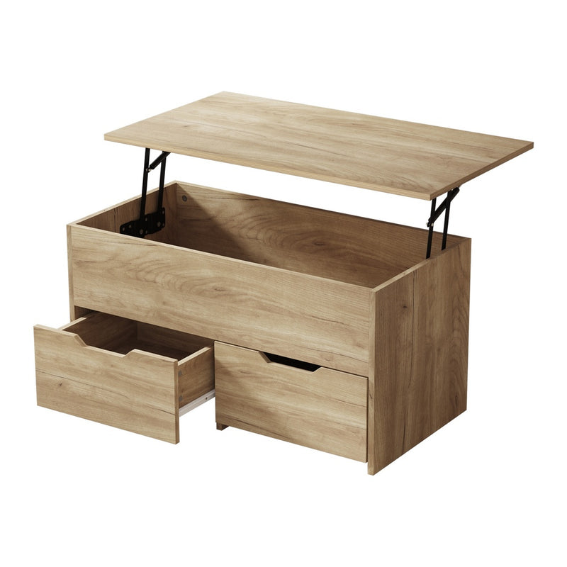 Oikiture Coffee Lift Up Hidden Storage Laptop Desk 2 Drawers Natural