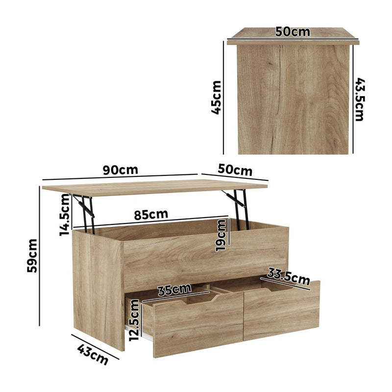 Oikiture Coffee Lift Up Hidden Storage Laptop Desk 2 Drawers Natural
