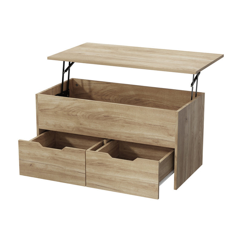 Oikiture Coffee Lift Up Hidden Storage Laptop Desk 2 Drawers Natural