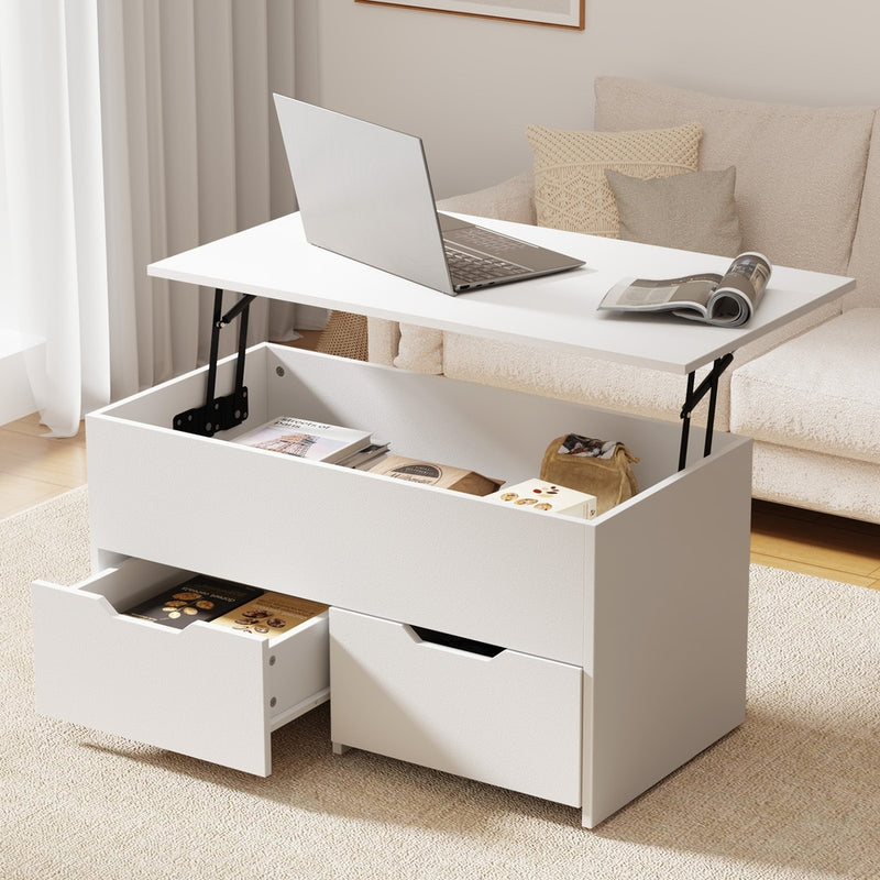 Oikiture Coffee Lift Up Top Hidden Storage Laptop Desk 2 Drawers White