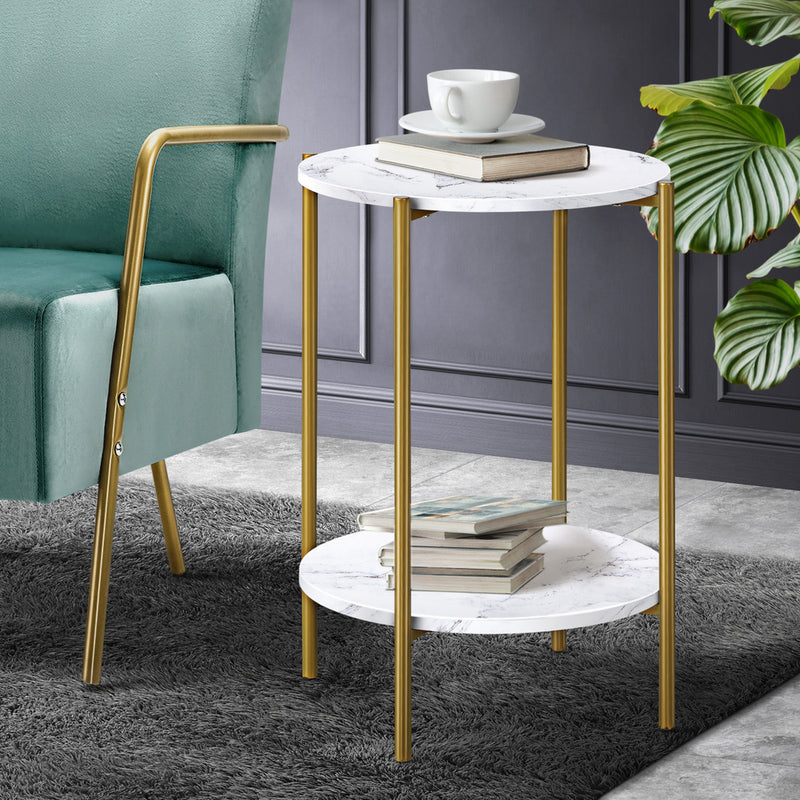 Oikiture Round Coffee Table 2 Tier Marble Top Metal Gold Frame