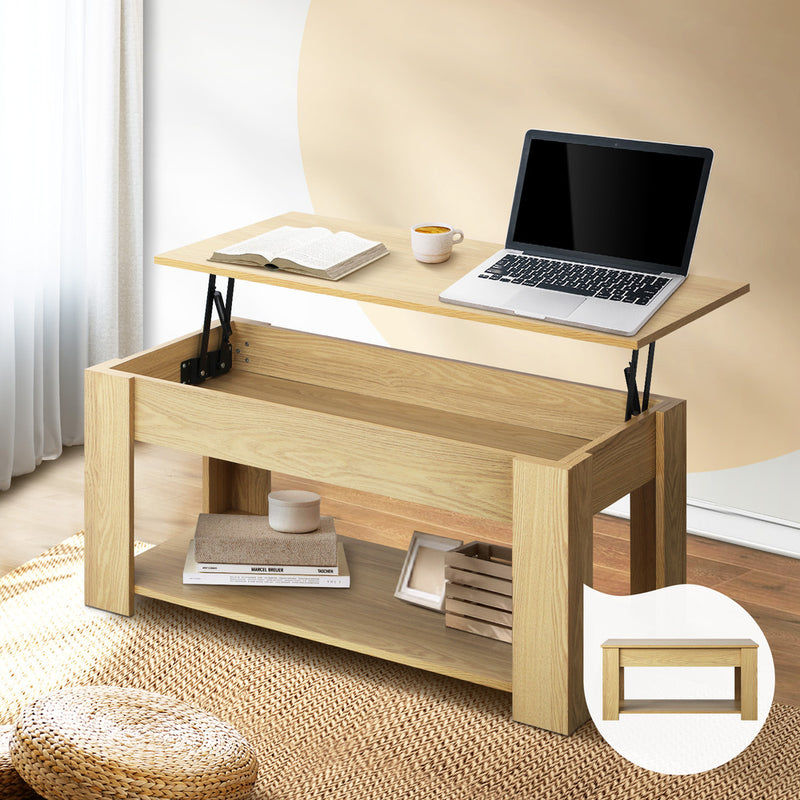 Oikiture Coffee Table with Lift Up Top Storage Space Wooden Beige