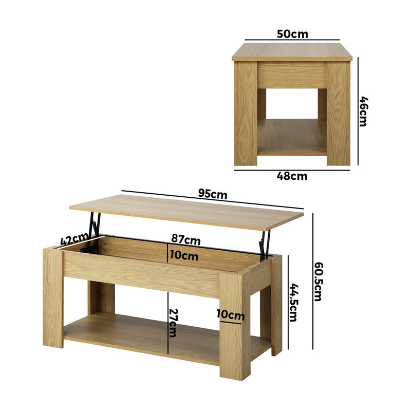 Oikiture Coffee Table with Lift Up Top Storage Space Wooden Beige