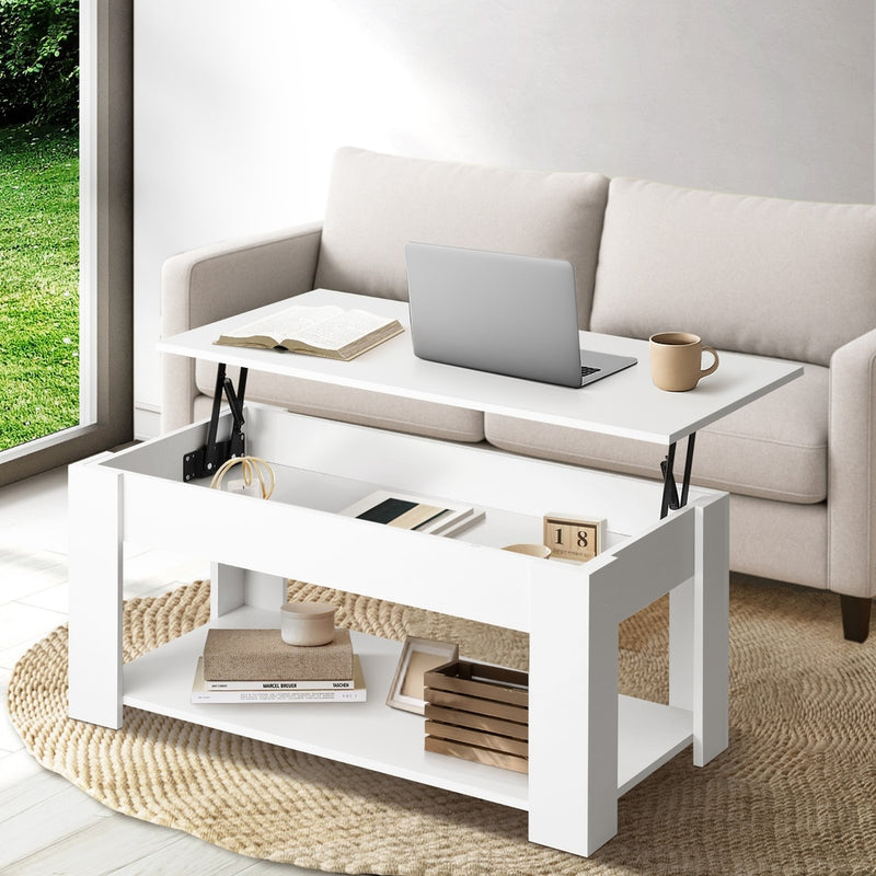 Oikiture Coffee Table with Lift Up Top Storage Space Wooden White