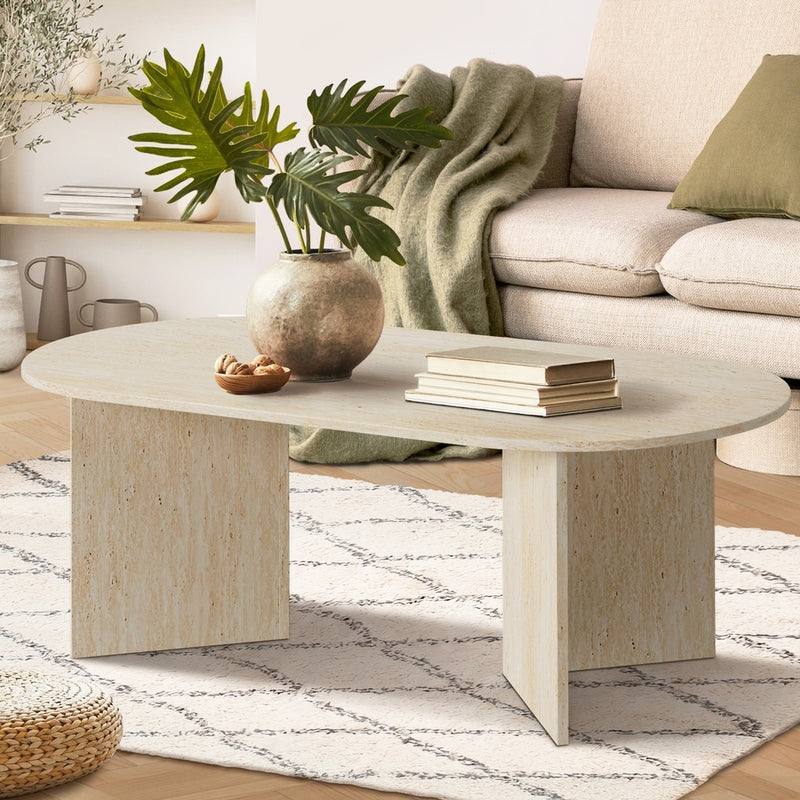 Oikiture Coffee Table Sofa End Table Oval Side Cafe Desk Timber Beige