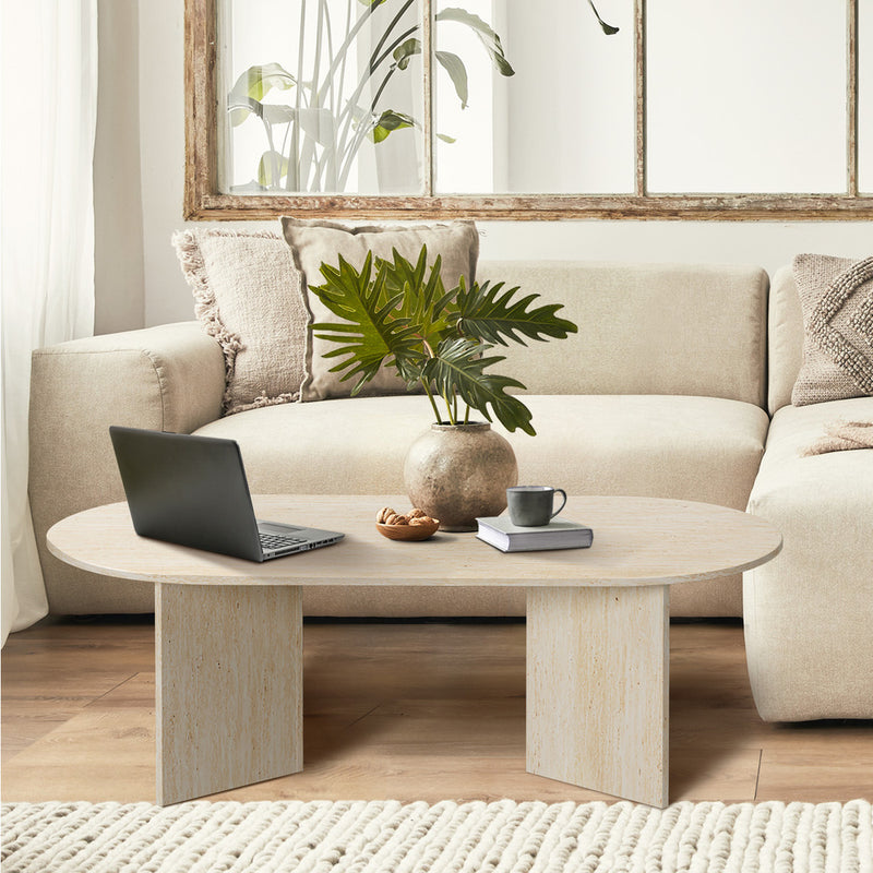 Oikiture Coffee Table Sofa End Table Oval Side Cafe Desk Timber Beige