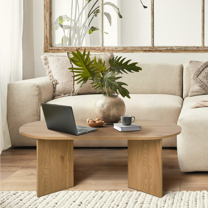 Oikiture Coffee Table Sofa End Table Oval Side Cafe Desk Timber Walnut