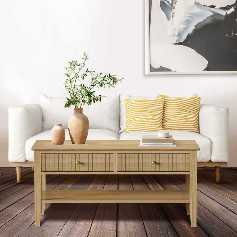 Oikiture Coffee Table with Storage Drawers Open Shelving Natural