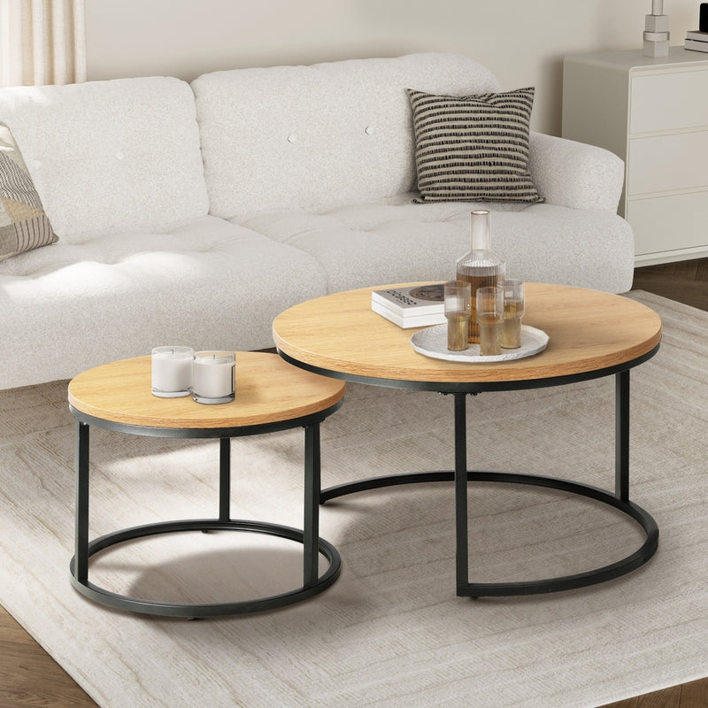 Oikiture Set of 2 Nesting Coffee Table Round Natural