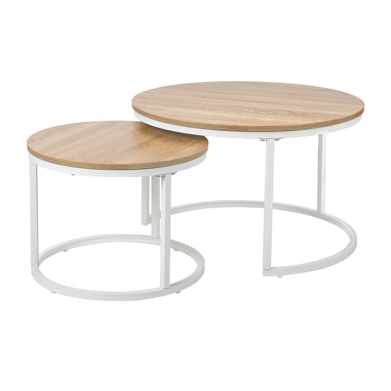 Oikiture Set of 2 Nesting Coffee Table Round Natural & White