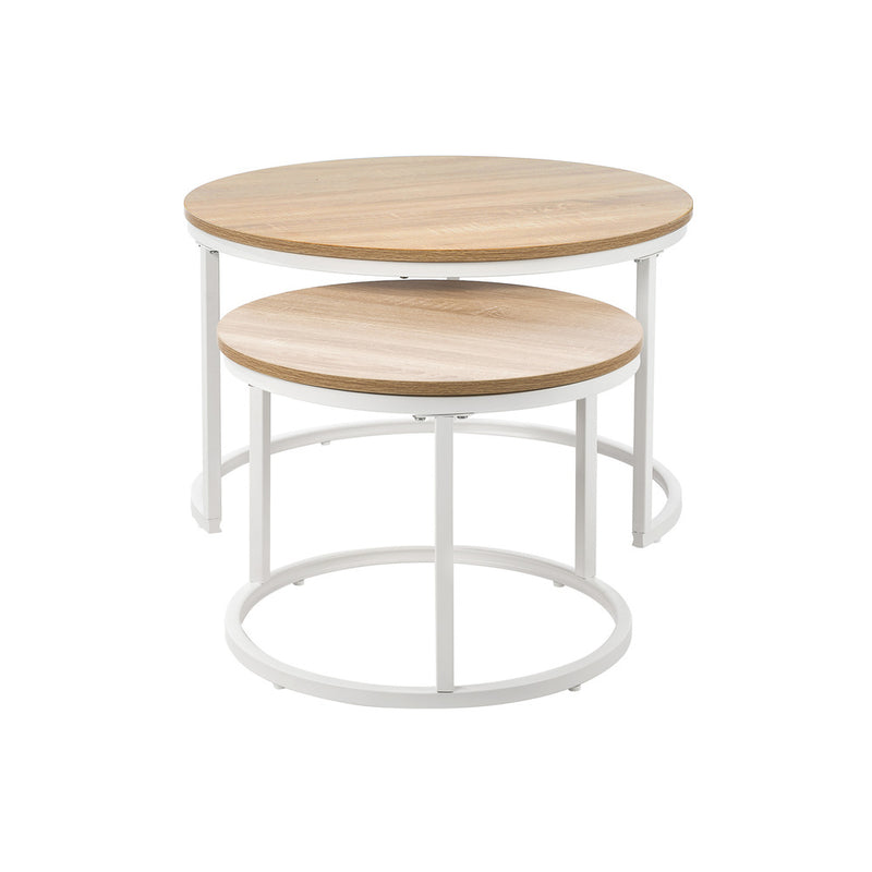 Oikiture Set of 2 Nesting Coffee Table Round Natural & White