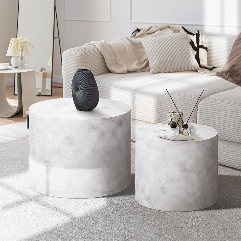 Oikiture Round Coffee Table Set of 2 Marble Effect White