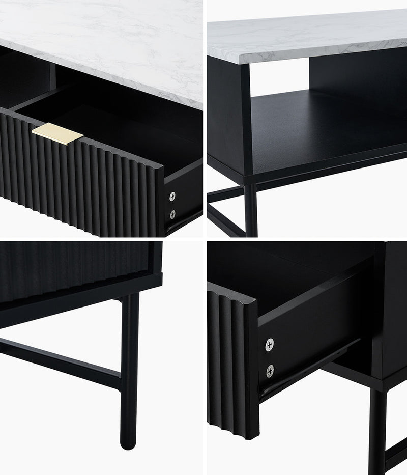 Oikiture Coffee Table 1 Drawer Sofa End Table Open Shelf Black & White