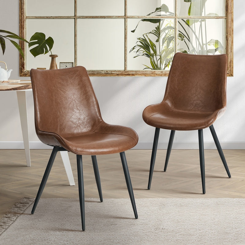 Oikiture 2x Dining Chairs Kitchen Chairs Upholstered PU Leather Brown